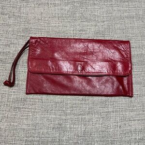 Roots Genuine Distressed Leather Deep Cherry Red Wristlet Clutch Fold Over Bag